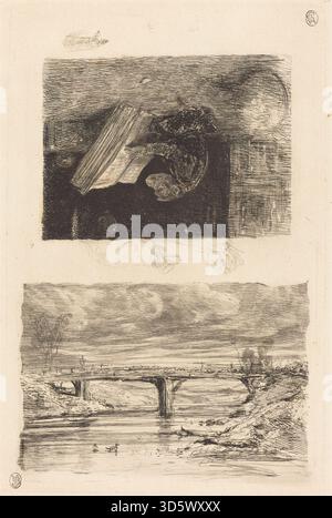 Dieses Gemälde von Alexandre Gabriel Decamps aus den Jahren 1830–1835 zeigt eine Flusslandschaft mit einer Brücke und einem Affen, der ein Buch untersucht, wobei natürliche Landschaft mit einer humorvollen, realistischen Darstellung des Tieres und der Umgebung kombiniert wird. Stockfoto