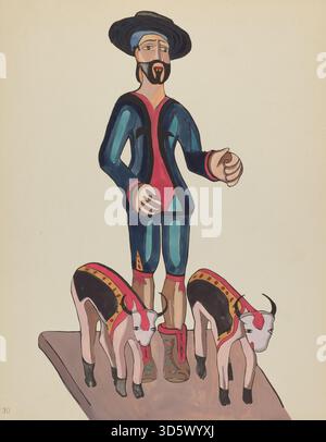 Ein amerikanischer Druck aus dem 20. Jahrhundert aus den Jahren 1935–1942, Plate 30 aus „Spanish Colonial Designs of New Mexico“, der den Heiligen Isidore darstellt. Der Druck zeigt religiöse Ikonographie, dekorative Motive und architektonische Elemente im spanischen Kolonialstil. Stockfoto