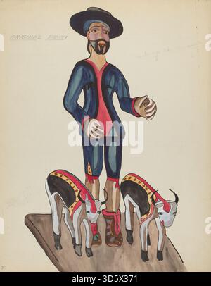 Ein amerikanischer Druck aus dem 20. Jahrhundert aus den Jahren 1935–1942, Plate 30 von „Spanish Colonial Designs of New Mexico“ mit Saint Isidore. Der Druck betont religiöse Ikonographie, architektonische Merkmale und traditionelle Dekorationsmotive im spanischen Kolonialstil. Stockfoto