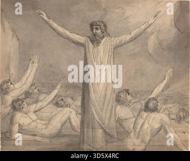 Gemälde von William Blake um 1780–1785 mit Darstellung von Moses, der die Pest hält (Recto), Hauptfigur, Stab, Gesten, Hände, Bademäntel, Kopf, Ausdruck, Menschen, Hintergrund, und britischer religiöser Illustrationsstil des späten 18. Jahrhunderts. Stockfoto