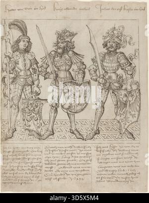 Eine Illustration des Urmeisters der Straßburger Chronik aus dem Jahr 1492, die Hector von Troja, Alexander den Großen und Julius Cäsar darstellt. Gesten und historische Erzählungen. Stockfoto