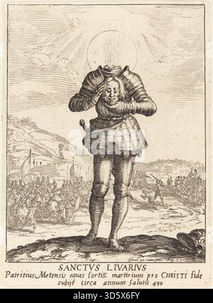 Radierung von Jacques Callot, die den Heiligen Livier darstellt. Das Kunstwerk zeigt die traditionelle religiöse Kleidung und Haltung des heiligen, die die europäische christliche Ikonographie des frühen 17. Jahrhunderts repräsentiert. Stockfoto