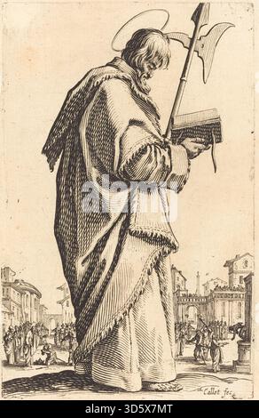Radierung von Jacques Callot, veröffentlicht 1631, mit Darstellung des heiligen Matthias. Das Kunstwerk betont traditionelle Attribute, Kleidung und Haltung des heiligen innerhalb der europäischen christlichen Kunst des frühen 17. Jahrhunderts. Stockfoto