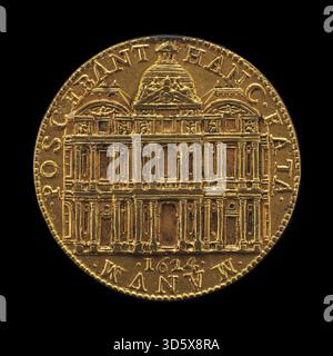 Eine Medaille von Pierre Regnier aus dem Jahr 1624, die den neuen Louvre auf der Rückseite zeigt. Der Stich betont architektonische Details, Perspektive, Ornamente, symbolische Elemente und kompositorische Anordnung, die charakteristisch für das französische Medaillendesign des frühen 17. Jahrhunderts sind. Stockfoto