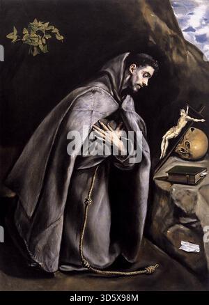 GRECO, El (* 1541, Candia, d. 1614, Toledo) St. Franziskus Meditation um 1595 Öl auf Leinwand, 147,3 x 105,4 cm Fine Arts Museum of San Francisco, San Francisco der St. Franziskus von Assisi war der beliebteste heilige in der Zeit der Gegenreformation. Bevorzugte Themen in der Malerei waren seine Stigmatisierung, seine Ekstase und seine Meditation. El Greco behandelte alle drei, und zehn verschiedene Kompositionen des Künstlers lassen sich unterscheiden, einige in halber Länge, einige in voller Länge, einige zeigen den heiligen allein, andere mit einem Begleiter. In diesem Gemälde meditiert der hl. Franziskus nicht so sehr über die Sterblichkeit (signifi Stockfoto