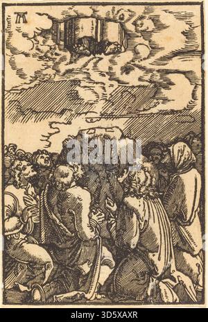 Dieses Gemälde von Albrecht Altdorfer um 1513 zeigt den Aufstieg Christi in den Himmel. Die Komposition umfasst Figuren, Wolken und Raumtiefe, die typisch für die deutsche Kunst des frühen 16. Jahrhunderts sind. Stockfoto