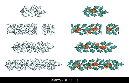 Weihnachtsbürstenset mit stechpalmenblättern und Beeren. Garland Pinselkollektion für Winterferien und Kränze für Grußkarten, Einladungsdesign Stock Vektor