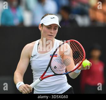 Bengaluru, Indien. November 2025. Tamara Zidansek (SVN) über Action während des Gruppenspiels im staatlichen Rasentennisverband Karnataka während der Billie Jean King Cup Playoffs in Bengaluru, Indien am 15. November 2025 Credit: Independent Photo Agency/Alamy Live News Stockfoto
