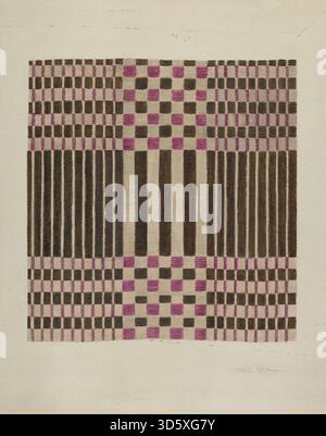 Dieser gewebte Bettbezug aus dem Jahr 1937 von Theodore Pfitzer ist ein Bettbezug aus Stoff mit detaillierten gewebten Mustern und Texturen, der traditionelle amerikanische Textiltechniken und dekorative Hauskunst des frühen 20. Jahrhunderts veranschaulicht. Stockfoto