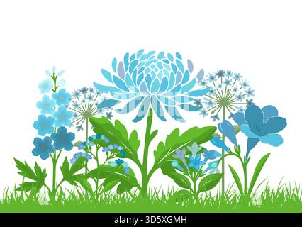 Blaue Blumen horizontaler Hintergrund Gras. Handgezeichnet. Nicht AI, Vektordarstellung Stock Vektor