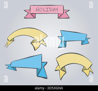 Bannerset, lineare Sammlung, handgezeichneter schwarzer Tintenmarker, Linienkontur, abstraktes Rahmenmuster. Hintergrund mit farbenfroher Füllung. Niedlich Stock Vektor