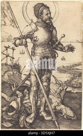 Dieser Stich von Albrecht Dürer von 1507 bis 1508 zeigt den Heiligen Georg in Rüstung, mit Lanze und Schild, mit detaillierten Vorhängen, Posen, Landschaftselementen und Renaissance-Kompositionen, die typisch für die deutsche Kunst des frühen 16. Jahrhunderts sind. Stockfoto