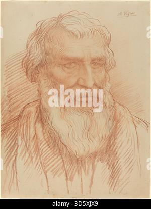 Diese Zeichnung von Alphonse Legros zeigt einen menschlichen Kopf, der sich auf Gesichtszüge, Ausdruck und anatomische Studien konzentriert. Das Werk demonstriert das europäische Zeichenkunst und den Realismus des 19. Jahrhunderts. Stockfoto
