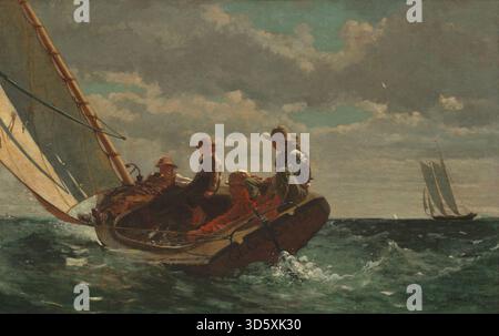 Winslow Homers Gemälde „Breezing Up“ (1873–1876) zeigt ein kleines Segelboot mit Figuren in Bewegung, die Wasser, Wind, Gesten und die Komposition der amerikanischen maritimen Landschaft des 19. Jahrhunderts betonen. Stockfoto