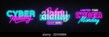 Set aus drei leuchtenden Cyber Monday Neonschildern in verschiedenen Stilen auf dunklem Backsteinhintergrund, perfekt für Online-Werbebanner und digitale Werbeaktionen Stock Vektor