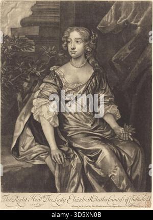 Die rechtsverehrte Lady Elizabeth Butler, die Alexander Browne nach Sir Peter Lely um 1680 sticht, zeigt die Gräfin mit Aufmerksamkeit auf Gesichtszüge, Kleidung, Haltung und detaillierte britische Gravurtechniken des 17. Jahrhunderts. Stockfoto