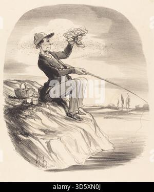 Diese Lithografie von Honoré Daumier aus dem Jahr 1847 mit dem Titel „Désagrément d'aller à la pêche“ zeigt eine humorvolle oder ungünstige Fischszene und veranschaulicht das soziale Leben, die Freizeitaktivitäten und die Beobachtungen im Frankreich des 19. Jahrhunderts. Stockfoto