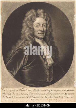 Gravur von John Smith nach Sir Godfrey Kneller, der Sir Christopher Wren im Jahr 1713 porträtierte und die architektonische Kleidung und den barocken Porträtstil betonte. Stockfoto