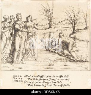 1548 Kupferstich von Augustin Hirschvogel, der die biblische Geschichte über den Fund von Moses durch Pharaos Tochter zeigt, das Kind in einem Korb, seine Begleiter und die umgebende Landschaft in einer historisch-religiösen Komposition zeigt. Stockfoto