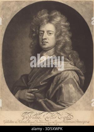John Smiths Werk nach Sir Godfrey Kneller aus dem Jahr 1694 stellt Godfrey Kneller dar und betont Gesichtszüge, Ausdruck und formale Porträtkomposition im barocken europäischen Stil. Stockfoto