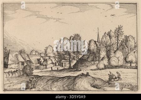 Ein Stich von Claes Jansz Visscher, der eine Straße zeigt, die in ein Dorf führt, basierend auf den Arbeiten von Johannes und Lucas van Doetechum. Die Szene umfasst Häuser, Zäune, Bäume und Wege, die das ländliche Leben der frühen 1600er Jahre widerspiegeln Stockfoto