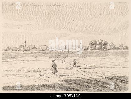 Das Gemälde zeigt Schwabing 1818, ein Münchner Stadtteil, in dem Straßen, Wohngebäude und städtische Umgebung hervorgehoben werden. Wilhelm von Kobell fängt die Architektur und den Alltag des Viertels Anfang des 19. Jahrhunderts mit viel Liebe zum Detail ein. Stockfoto