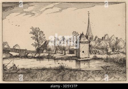 Ein Stich von Claes Jansz Visscher nach Johannes und Lucas van Doetechum, der einen Teich neben einem kleinen Dorf zeigt. Die Komposition umfasst Wasser, Vegetation, Häuser und Wege, die das ländliche Leben im frühen 17. Jahrhundert veranschaulichen. Stockfoto