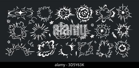 Explosion von Sprite-Blättern, Explosion von Radialbomben, Baumwolken, Rahmen oder Blasen. Sprengwirkung von Dynamit, runde atomare Rauchelemente mit Blitzfeuer. Vektorsatz für weiße Symbole der Puff-Bewegung Stock Vektor