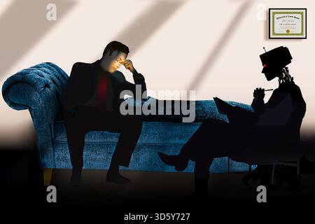 Künstliche Intelligenz oder KI wird für die Psychotherapie verwendet, weil es den Menschen leichter fällt, mit KI zu sprechen als mit einem menschlichen Arzt. Das ist ein 3D Stockfoto