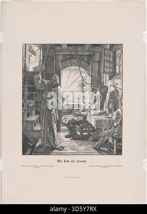 Alfred Rethels Gravur „der Tod als Erwürger“ von 1851 zeigt den Tod als Strangler und zeigt eine Skelettfigur, die ein menschliches Opfer mit ausdrucksstarken Gesten, detaillierter Anatomie und dramatischer Komposition angreift. Stockfoto