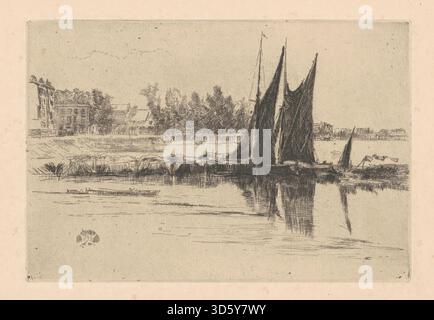 Ein Gemälde von James McNeill Whistler, das Hurlingham aus dem Jahr 1879 darstellt und die Landschaft, die Gebäude und die Umgebung zeigt. Das Werk repräsentiert die europäische Landschaftsmalerei des späten 19. Jahrhunderts mit detaillierter Betrachtung der Architektur und der Natur. Stockfoto