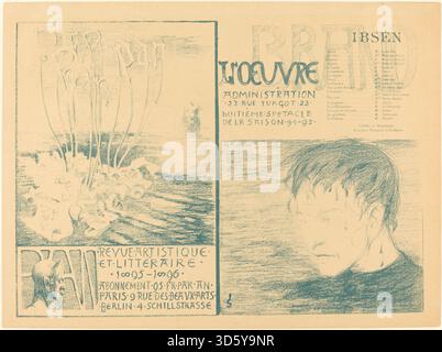 Marke von Joseph Sattler, 1895, zeigt ein symbolisches oder typografisches Design mit detaillierten Linienarbeiten, Kompositionen und Stilisierungen, die charakteristisch für Grafik und Illustration des späten 19. Jahrhunderts sind. Stockfoto