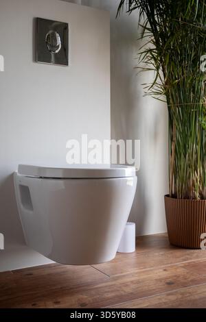 Moderne Badezimmerszene, stilvolle Toilette mit Bambusdekor, minimalistische Badeinrichtung mit Tageslicht, moderner Sanitärbereich mit Bambus und Stockfoto