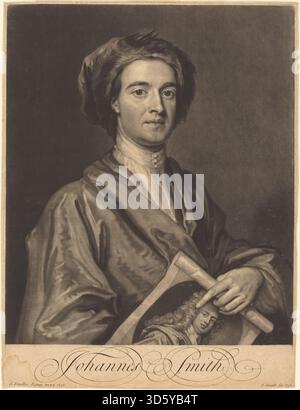 John Smiths Werk nach Sir Godfrey Kneller aus dem Jahr 1716 stellt sich selbst dar und betont Gesichtszüge, Ausdruck, Haltung und formale Porträtkomposition im europäischen Barockstil. Stockfoto