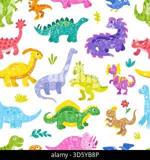 Kinder Buntstift zeichnen Dino. Handgezeichnete Dinosaurier-, Buntstift- oder Kreidekritzelfiguren. Kinder nahtloses Muster, neoterische Vektor-Hintergrund-Ursprung Stock Vektor