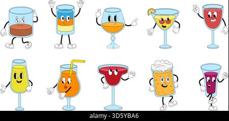 Groovige Cocktails. Vintage-Cocktail, Bier, Weinfiguren. Trinken Sie Partyfotos, lange Getränke, Saft. Positive Retro-Designelemente, n Stock Vektor