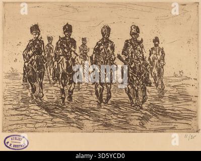 Breitners „Galloping Hussars in Front View“ zeigt Kavallerie-Soldaten, die mit voller Geschwindigkeit reiten und Uniformen, Pferde, Bewegung und Komposition zeigen. Betonung der niederländischen Militär- und Stadtmalerei des späten 19. Jahrhunderts. Stockfoto
