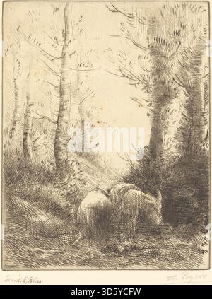 Farmer and his Esel (Le fermier et Son ane) von Alphonse Legros zeigt einen Farmer, der mit seinem Esel in einer ländlichen Umgebung steht und Figuren, Tieranatomie, Haltung, Kleidung, und die umliegende Landschaft, in Öl auf Leinwand gemalt. Stockfoto