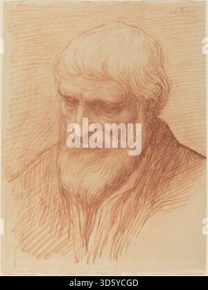 Diese Zeichnung von Alphonse Legros zeigt den Kopf eines Philosophen mit Gesichtszügen, Haaren, Bart und Ausdruck. Bei der Arbeit werden anatomische Genauigkeit, Charakter und Proportionalität für Hochformatuntersuchungen betont. Stockfoto