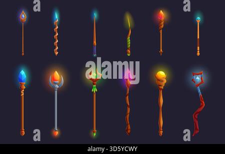 Holzpersonal der Zauberer. Zauberstäbe, hölzerne Metallstäbe mit Edelsteinen. Hexenwerkzeuge für Zaubersprüche. Märchen-Cartoon-Elemente, Spiel-Design sapid Vektor se Stock Vektor