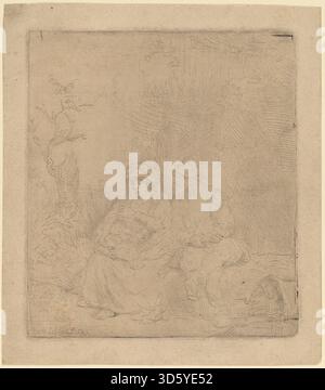 Dieser leicht geätzte Druck von Rembrandt van Rijn aus dem Jahr 1645 zeigt den biblischen Rest auf dem Flug nach Ägypten und zeigt Figuren, Gesten, Vorhänge und Landschaft in detaillierter Ätztechnik. Stockfoto