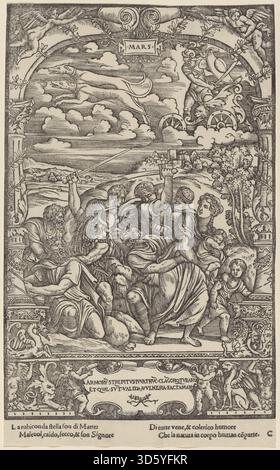 Gravur von Gabriele Giolito de' Ferrara aus dem Jahr 1534, der Mars, den römischen Kriegsgott, darstellt, dargestellt mit Rüstung, Helm und Waffen, die militärische Stärke und klassische Mythologie symbolisieren. Stockfoto