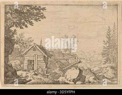Dieses Gemälde von Allart van Everdingen, vermutlich 1645–1656, zeigt zwei Männer in einem Hütteneingang, die architektonische Merkmale, menschliche Figuren, Kleidung und die umgebende Landschaft hervorheben und die Konventionen der niederländischen Malerei des Goldenen Zeitalters widerspiegeln. Stockfoto