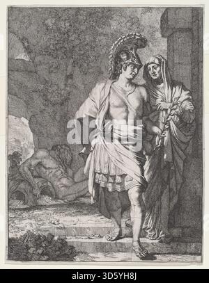 Ein Gemälde von Gerard de Lairesse, das die mythologische Szene von Aeneas darstellt, die während seiner Reise in die Unterwelt die Prophetin Sibyl konsultierte. Das um 1670 entstandene Werk zeigt klassische Figuren in landschaftlich geprägter Umgebung mit besonderer Aufmerksamkeit auf Vorhänge, Haltung und Ausdruck, die für den niederländischen Barockstil charakteristisch sind. Stockfoto