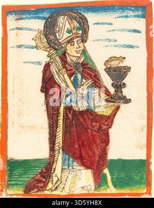 Dieses deutsche Gemälde aus dem 15. Jahrhundert von 1480 bis 1490 zeigt den Heiligen Konrad von Konstanz. Er trägt klerikale Kleidung und trägt oft ein Bischofsbuch, das seine kirchliche Autorität repräsentiert. Gotische Kunstelemente und detaillierte Ikonographie heben den hingebungsvollen und religiösen Charakter der deutschen Malerei des späten 15. Jahrhunderts hervor. Stockfoto