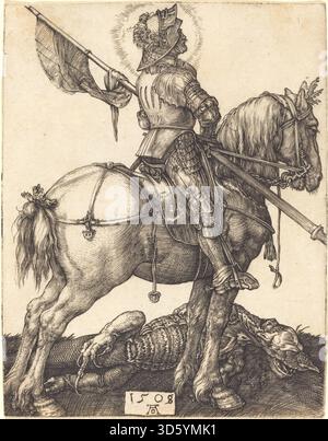 Dieses Werk von Albrecht Dürer aus dem Jahr 1508 zeigt den Heiligen Georg zu Pferd und betont den gepanzerten heiligen, Pferd im Mittelschritt, Lanze, Schild, Landschaftshintergrund, und detailgetreue Rendering typisch für Renaissance-Stiche. Stockfoto