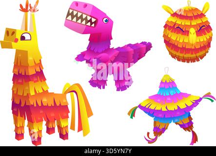 Pinatas. Karikatur mexikanische Partyspielzeug mit Süßigkeiten exakter Vektor verschiedene Pinatas Original Artwork Stock Vektor