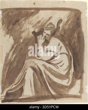 Dieses Gemälde von George Romney um 1785 zeigt Lady Hamilton, die eine Leier spielt, Figur, Geste, Musikinstrument, Haltung, Kleidung und Hintergrunddetails in Öl auf Leinwand. Stockfoto