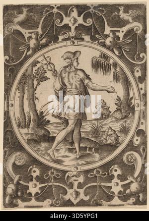 Abraham de Bruyns Gravur „Hermes“ zeigt den griechischen Gott Hermes mit charakteristischen Attributen, darunter einen geflügelten Helm und Caduceus. Die Figur wird in klassischer Pose gezeigt und zeigt die detaillierte Linienarbeit des Künstlers und die Betonung der mythologischen Genauigkeit. De Bruyn war ein flämischer Künstler, der im 16. Jahrhundert tätig war. Stockfoto