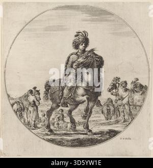 Ätzung 'ungarischer Kavalier' von Stefano Della Bella. Zeigt einen berittenen Soldaten in historischer Kleidung mit Pferd und Waffen, wobei Körperhaltung, Kostüm und Reitdetails hervorgehoben werden. Stockfoto